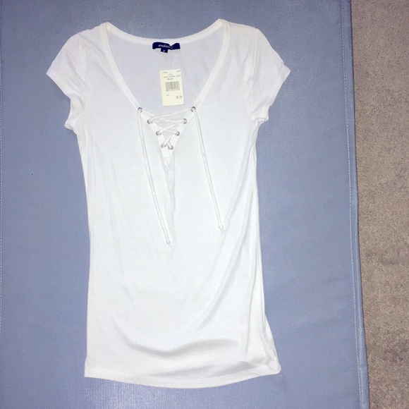 Donating soon! Short sleeved white Lace up top- S - Picture 2 of 5